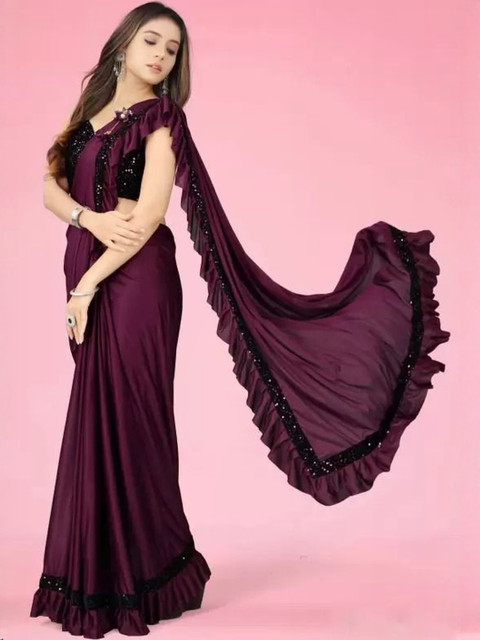 fashion field Girls Sequinned Ruffled Saree With Blouse Piece - Image 5