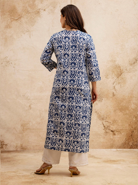 SURHI Floral Printed Thread Work V-Neck Straight Pure Cotton Kurta - Image 4