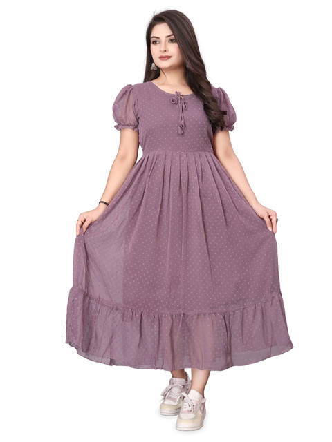 QENA Women Puff Sleeve Fit & Flare Midi Dress