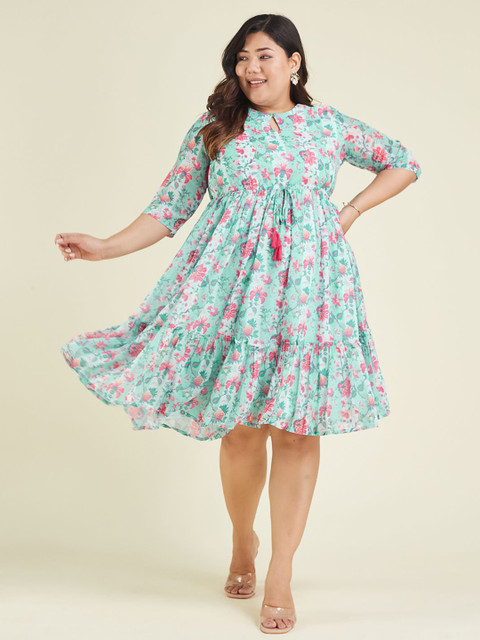Janasya Women Floral Printed Gathered Tiered Plus Size Georgette Fit & Flare Midi Dress