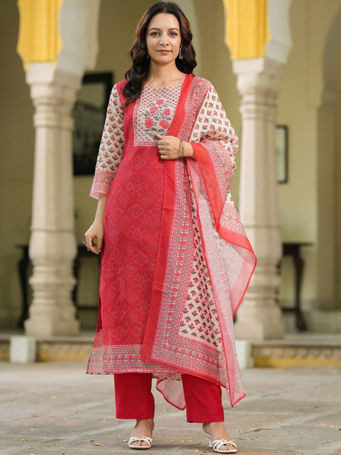 Rain & Rainbow Bandhani Printed Sequinned Chanderi Cotton Kurta With Trousers & Dupatta