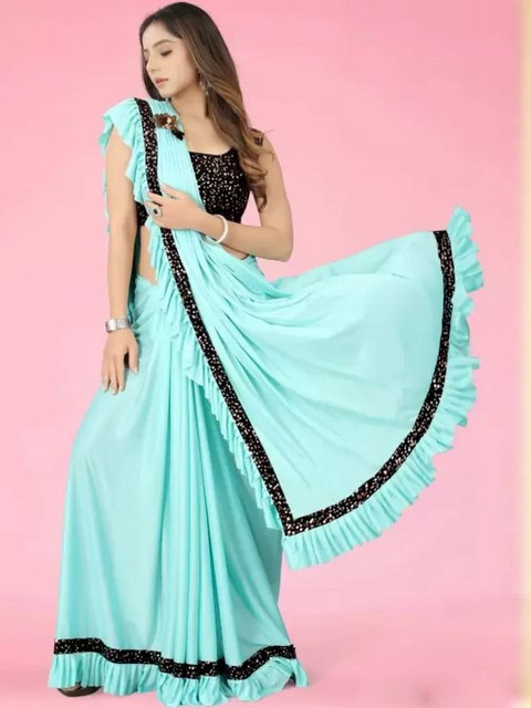 fashion field Girls Solid Sequinned Saree - Image 3