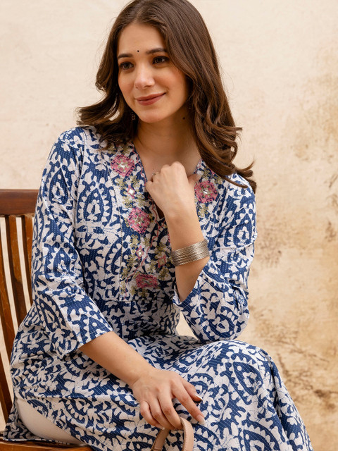 SURHI Floral Printed Thread Work V-Neck Straight Pure Cotton Kurta