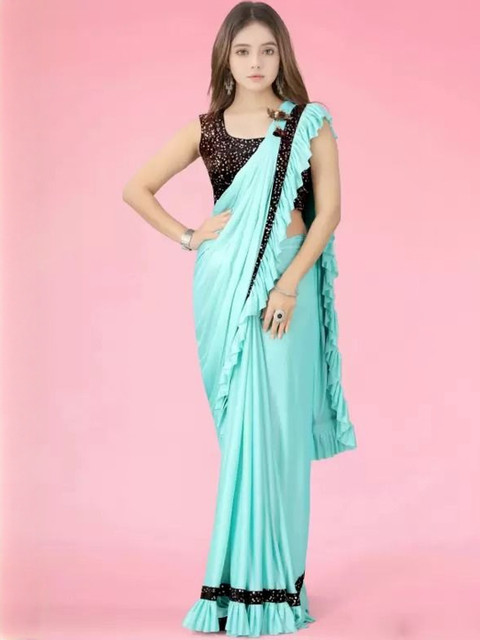 fashion field Girls Solid Sequinned Saree - Image 4