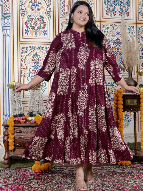 Swasti Women Floral Print Cotton Blend Plus Size Maxi Dress