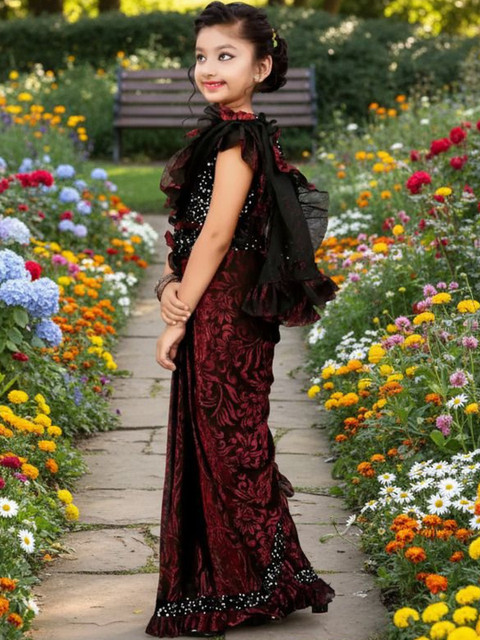 fashion field Girls Embellished Sequinned Ready to Wear Saree - Image 3