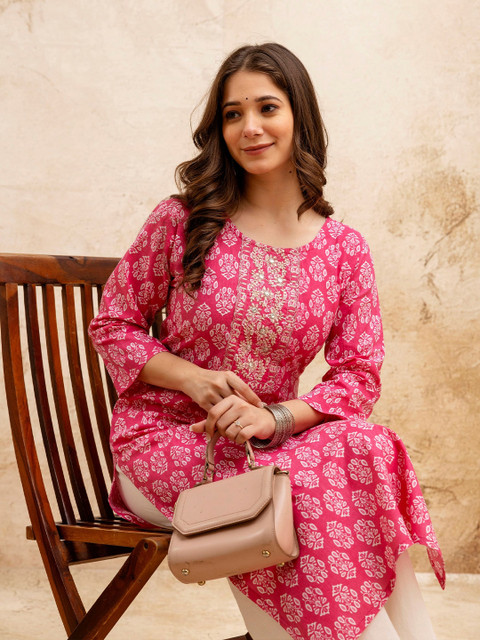 SURHI Floral Printed Mirror Work Round Neck Straight Pure Cotton Kurta - Image 7