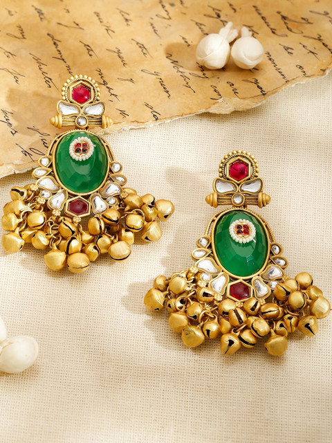 Rubans 18K Gold-Plated Kundan Studded And Ghungroo Beaded Oval Shaped Drop Earrings
