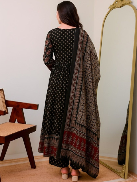 KALINI Ethnic Motifs Printed Panelled Square Neck Anarkali Kurta With Palazzos & Dupatta - Image 3