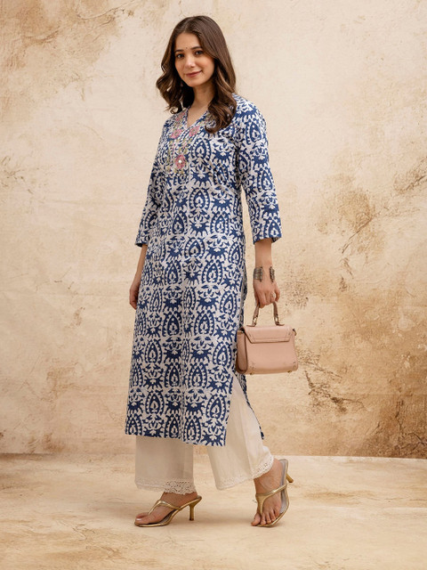 SURHI Floral Printed Thread Work V-Neck Straight Pure Cotton Kurta - Image 3