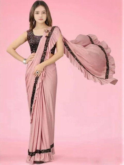 fashion field Girls Solid Ruffles Sequinned Saree - Image 4