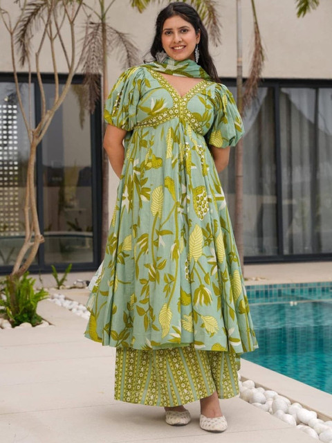 KALINI Floral Printed Empire V-Neck Anarkali Kurta With Palazzos & Dupatta