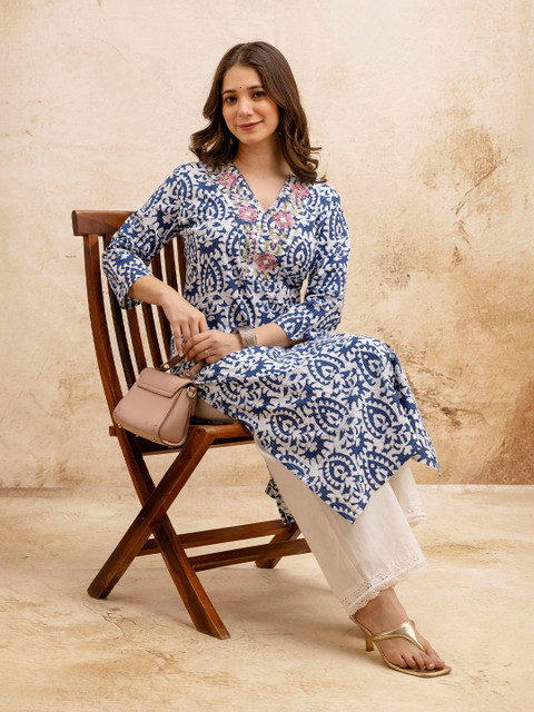 SURHI Floral Printed Thread Work V-Neck Straight Pure Cotton Kurta - Image 5