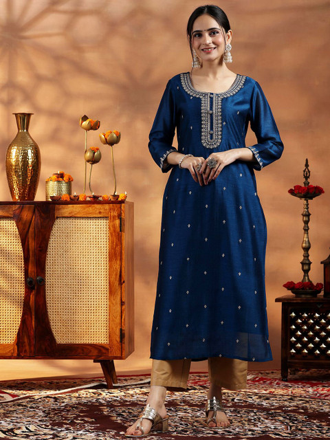 Libas Floral Embroidered Round Neck Zari Pure Silk Kurta