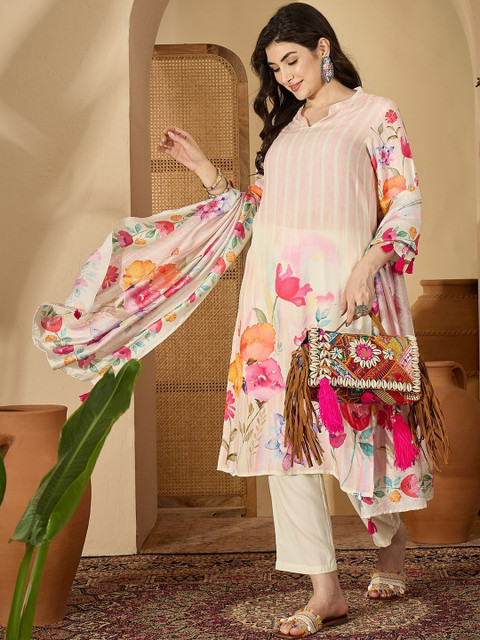 Sangria Floral Printed Straight Kurta with Trousers & With Dupatta