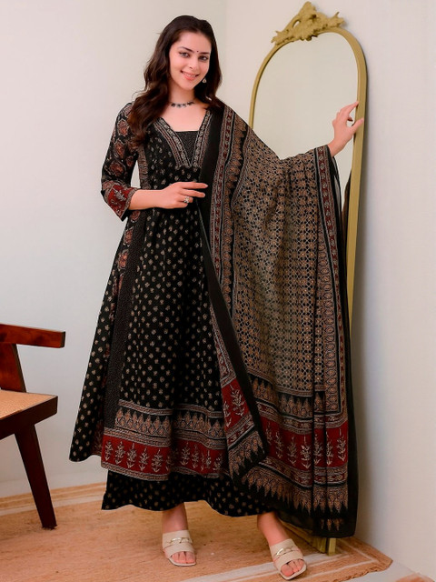 KALINI Ethnic Motifs Printed Panelled Square Neck Anarkali Kurta With Palazzos & Dupatta - Image 2