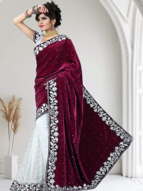 fashion field Embroidered Beads & Stones Detail Velvet Half And Half Saree