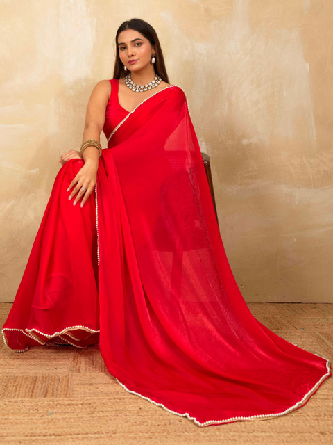 HOUSE OF MIRA Satin Fusion Solid Silk Saree with Unstitched Blouse