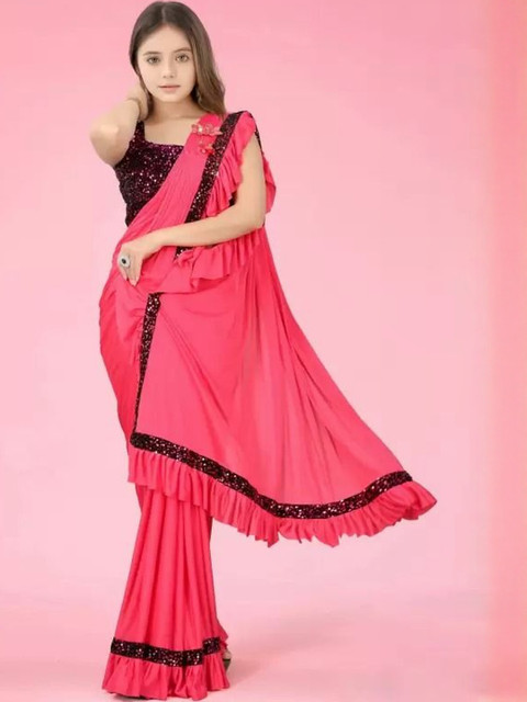 fashion field Girls Sequinned Ruffles Saree