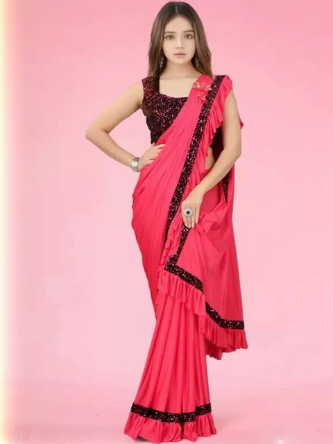 fashion field Girls Sequinned Ruffles Saree - Image 2