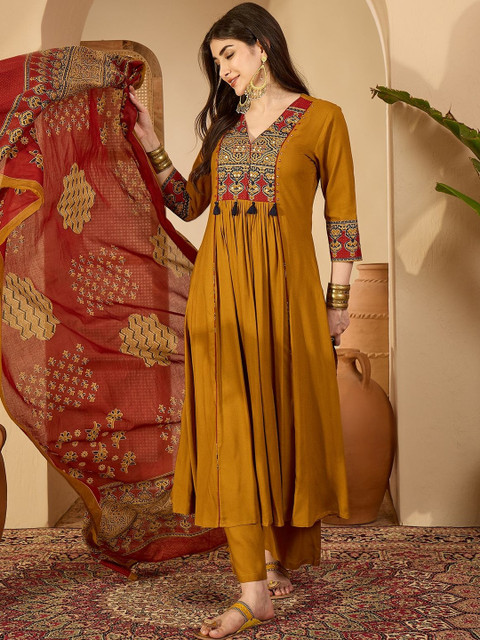 Anouk Ethnic Motifs Embroidered Panelled Thread Work A-Line Kurta With Palazzos & Dupatta