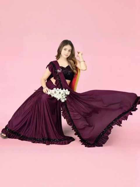 fashion field Girls Sequinned Ruffled Saree With Blouse Piece - Image 3