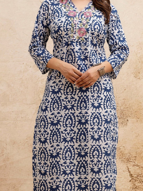 SURHI Floral Printed Thread Work V-Neck Straight Pure Cotton Kurta - Image 2