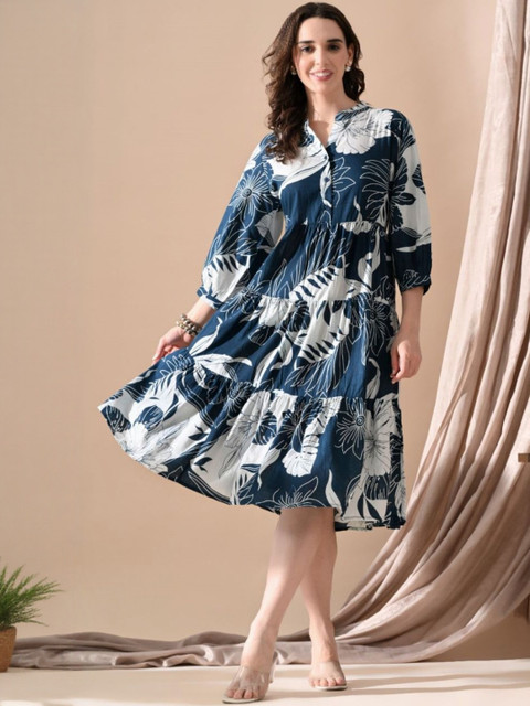 Moda Rapido Floral Print Crepe A-Line Midi Dress