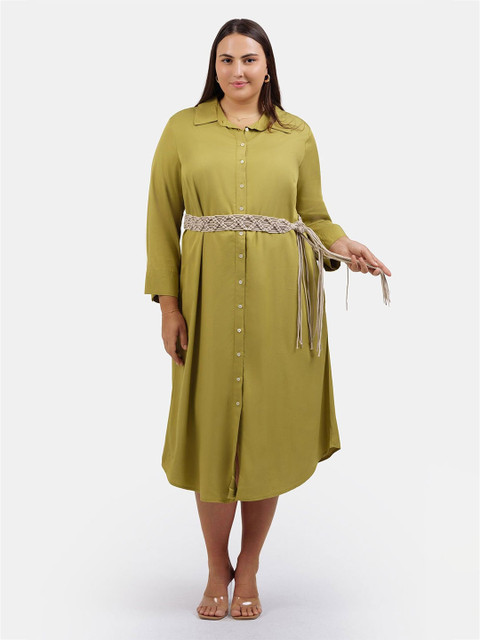 Virgio Women Plus Size Shirt Collar Solid Shirt Midi Dress