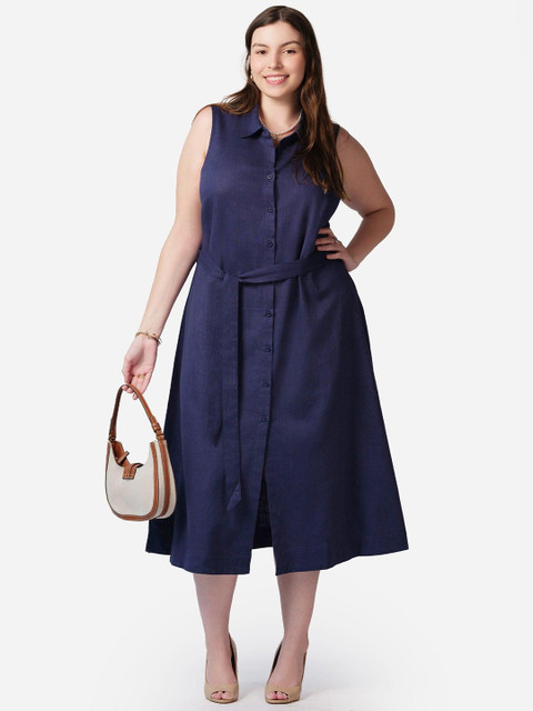 Virgio Women Slits Shirt Collar Sleeveless Cotton A-Line Midi Plus Size Dress