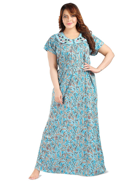 Lady Venom Printed Thread Work Round Neck Maxi Nightdress