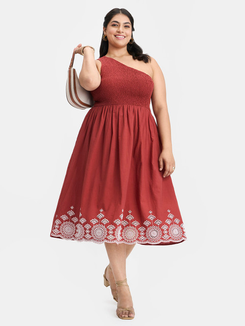 Virgio Women Cotton Ethnic Motifs Smocked One Shoulder Fit & Flare Plus Size Midi Dress