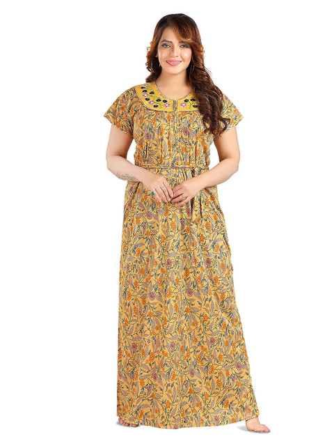 Lady Venom Printed Thread Work Round Neck Maxi Nightdress