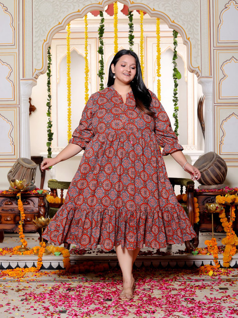 KALINI Women Plus Size Ethnic Motifs Printed A-Line Dress