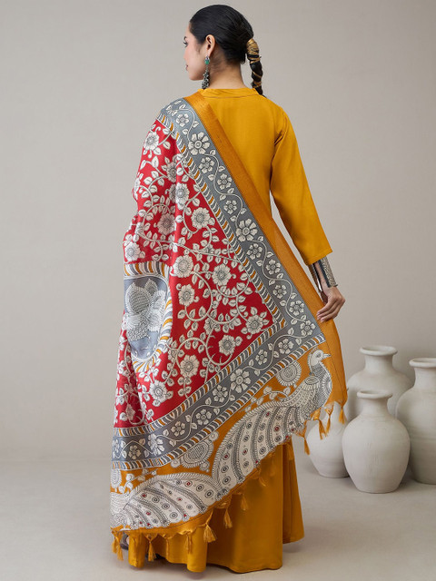 InWeave Floral Printed Tasselled Kalamkari Dupatta - Image 4