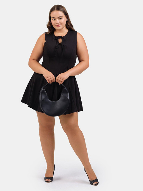 Virgio Women Plus Size Ponte Tie-Up Neck Mini Solid Sleeveless Dresses