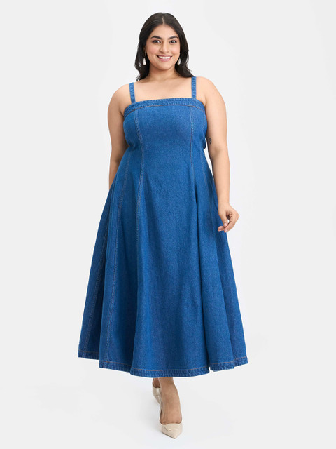 Virgio Plus Size Women Shoulder Straps Cotton Denim Fit & Flare Maxi Dress