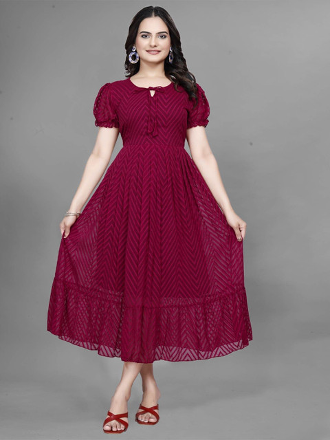 QENA Women Puff Sleeve Georgette Fit & Flare Midi Dress