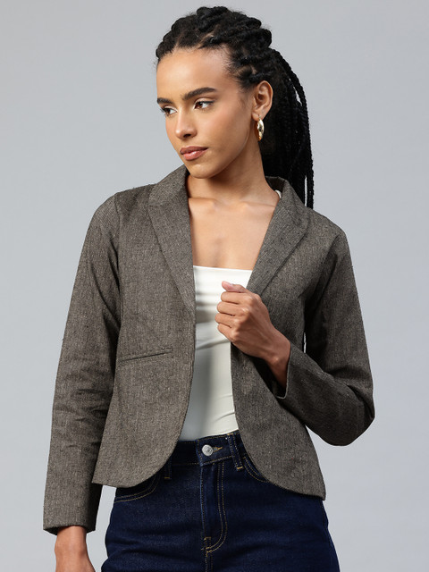 Cottinfab Lapel Collar Textured Crop Open Front Blazer