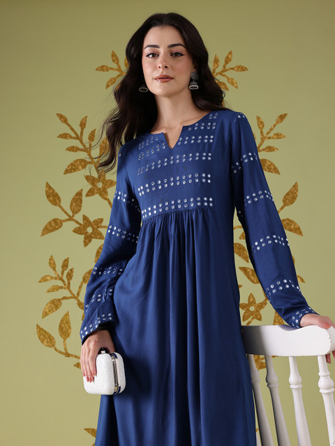 Anouk Geometric Embroidered Mirror Work A-Line Kurta