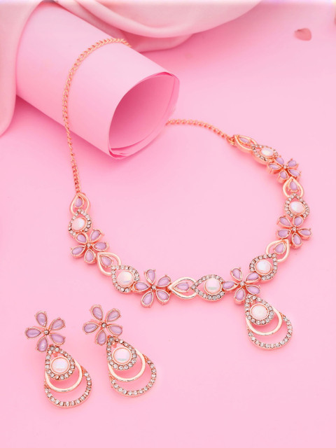 Anouk Women Lavender & Rose Gold-Plated American Diamond Studded Brass Necklace & Earrings