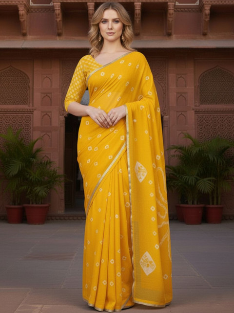 CLAFOUTIS Woven Design Bandhani Pure Chiffon Saree with Unstitched Blouse Piece