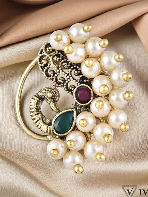 VIVASTRI Gold Plated Artificial Stones Studded And Beaded Nath Nose Pin