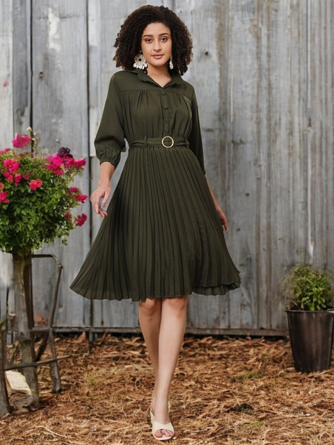 CARTYSHOP Women Shirt Collar Puff Sleeves Fit and Flare Dress