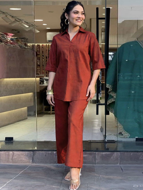 ALLEN WEAVE Shirt Collar Top With Trousers