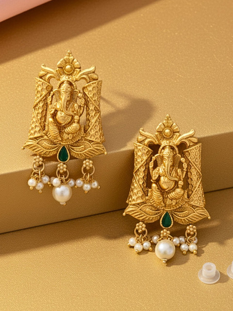 Anouk Women Brass Rajwadi Kempu Stones Temple Lord Ganesha Big Stud Earrings
