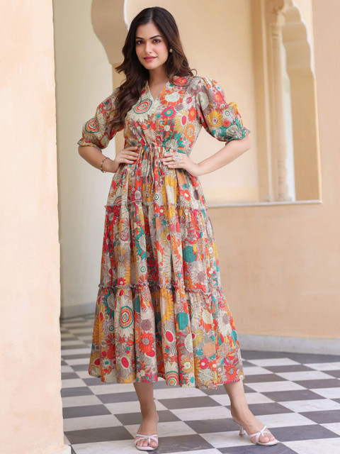 Rain & Rainbow Women Floral Printed V-Neck Pure Cotton Ethnic Dresses