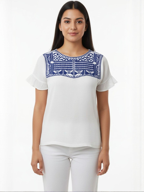 GLAM & CHIQUE Women White Embroidered Top with Ruffle Sleeves