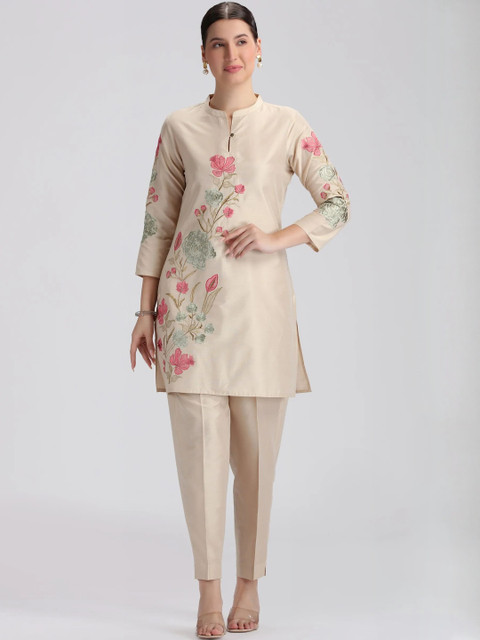 COTTON CULTURE Women Floral Embroidered Regular Thread Work Tunic With Trousers