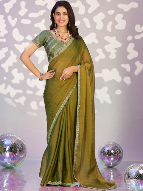 HERE&NOW Women Embroidered Border Sequinned Tissue Saree